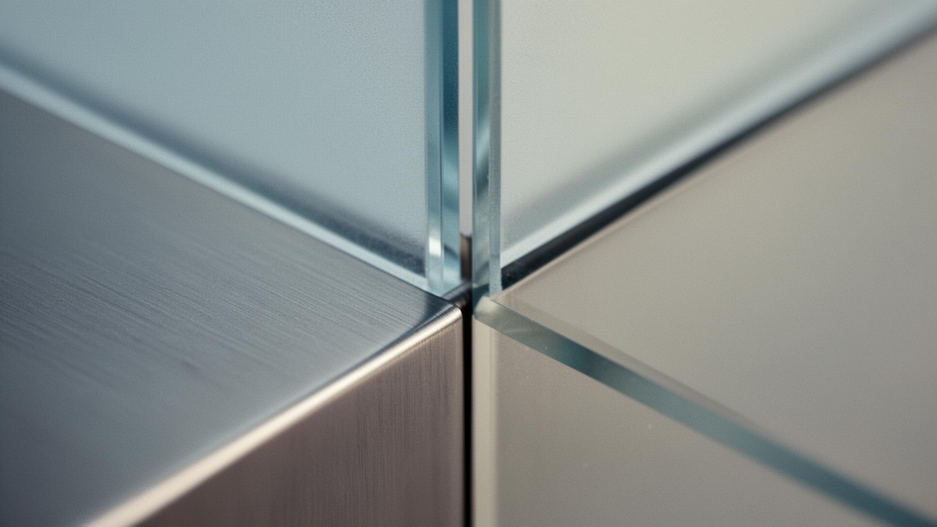Abstraktes Makro-Detail von gebürstetem Aluminium und Mattglas, Sinnbild für präzise Marktdaten