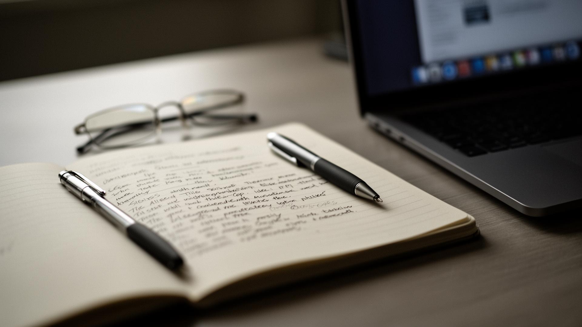 Notizbuch mit unscharfer Handschrift, Lesebrille und Laptop auf einem ruhigen Schreibtisch